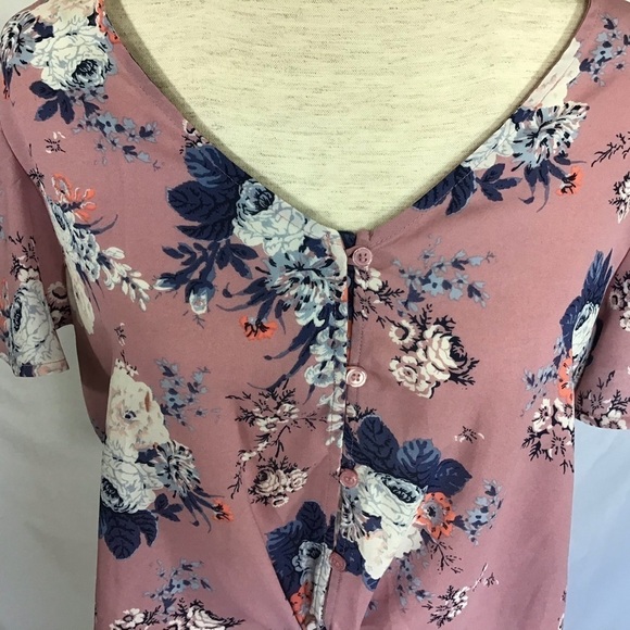 LOVE, Fire Size L Top Crop Blouse Boho Floral Tie Short Sleeve Mauve Pink - Picture 3 of 8